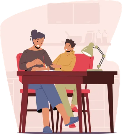 Mutter und kleines Kind lernen Hausaufgaben gemeinsam zu Hause  Illustration