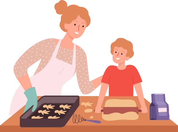 Mutter und Sohn backen Kekse  Illustration