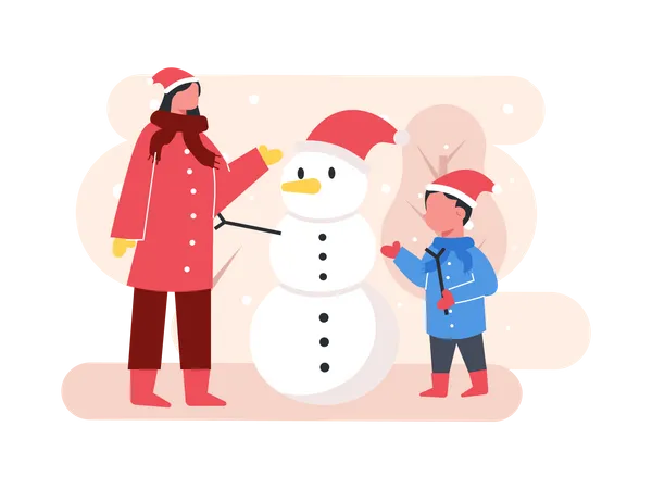 Mutter und Sohn machen Schneemann  Illustration