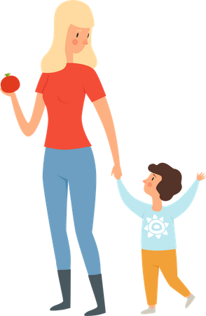 Mutter und Sohn gehen auf dem Markt  Illustration