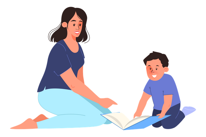 Mutter und Sohn lesen Buch  Illustration
