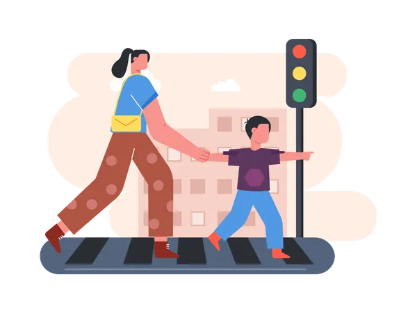 Mutter und Sohn überqueren Straße  Illustration