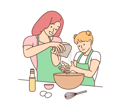 Mutter und Tochter backen Essen  Illustration
