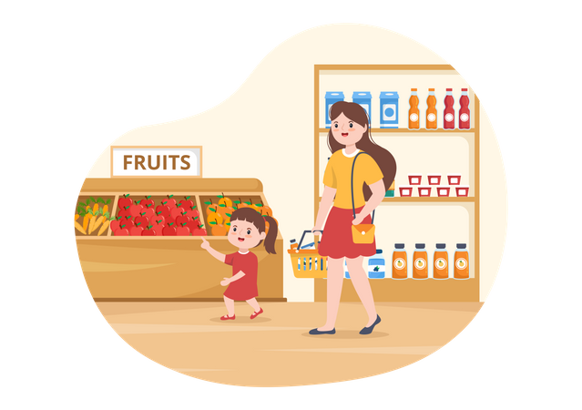 Mutter und Tochter beim Lebensmitteleinkauf  Illustration