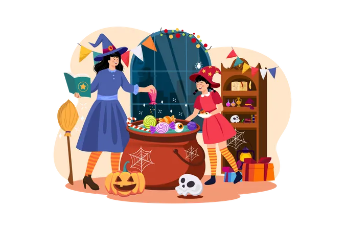 Mutter und Tochter bereiten Essen für die Halloween-Party vor  Illustration