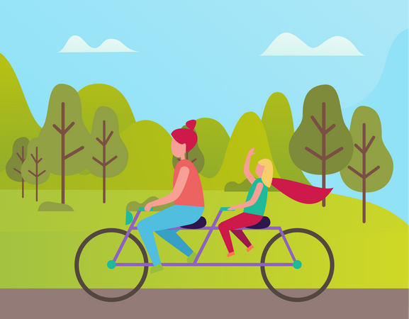 Mutter und Tochter fahren Fahrrad im Park  Illustration