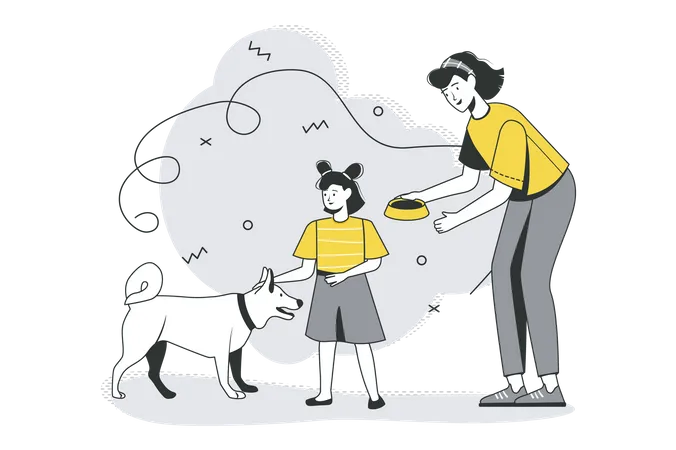 Mutter und Tochter füttern Hund  Illustration
