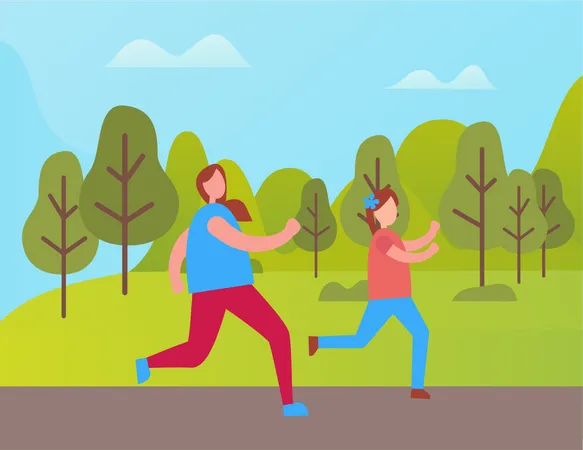 Mutter und Tochter gehen im Park joggen  Illustration