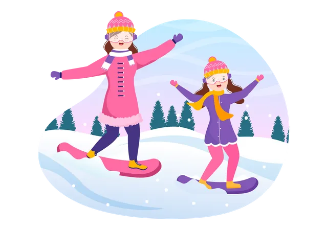 Mutter und Tochter genießen das Schneegleiten  Illustration