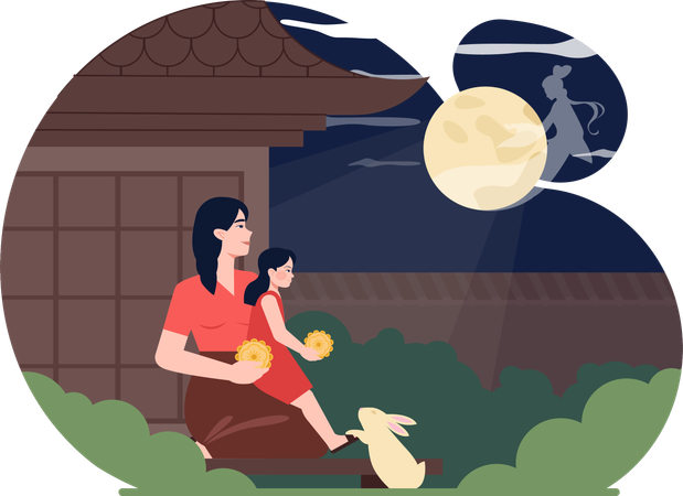 Mutter und Tochter genießen Vollmond  Illustration