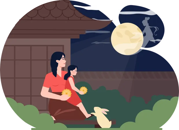 Mutter und Tochter genießen Vollmond  Illustration