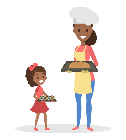 Mutter und Tochter kochen zu Hause hausgemachte Backwaren  Illustration