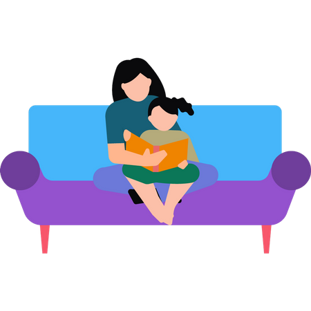 Mutter und Tochter lesen ein Buch auf dem Sofa sitzend  Illustration