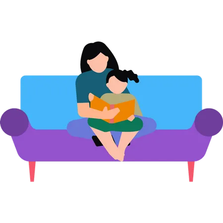 Mutter und Tochter lesen ein Buch auf dem Sofa sitzend  Illustration