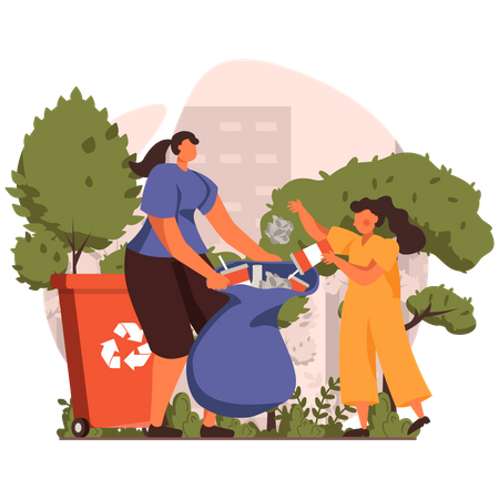 Mutter und Tochter sammeln Müll  Illustration