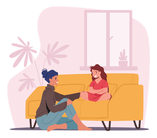 Mutter und Tochter sitzen auf dem Sofa im Wohnzimmer und erzählen Geheimnisse  Illustration