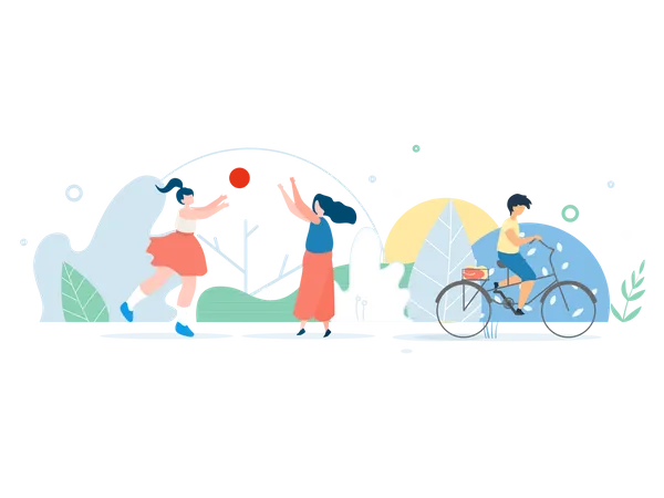 Mutter und Tochter spielen Ball im Park und Junge fährt Fahrrad  Illustration