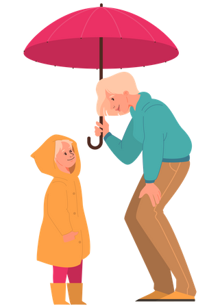 Mutter und Tochter stehen unter Regenschirm  Illustration