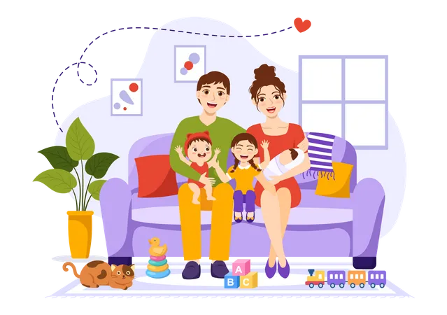 Mutter, Vater mit ihren Kindern  Illustration