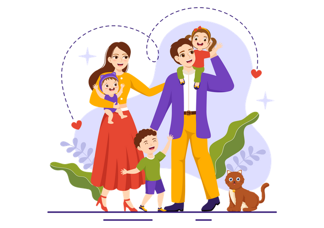 Mutter, Vater und Kinder stehen zusammen  Illustration