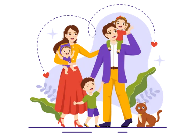 Mutter, Vater und Kinder stehen zusammen  Illustration
