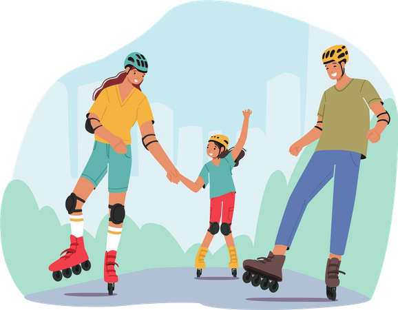 Mutter, Vater und kleine Tochter auf Rollschuh  Illustration