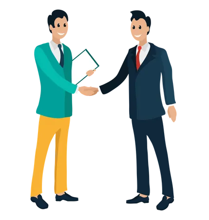 Business Partnership Men Colleagues Shaking Hands Financial Collaboration Icon Of Creative Idea Target And Win Calendar And Calculator On White Vector Illustration In Flat Cartoon Style Illustration