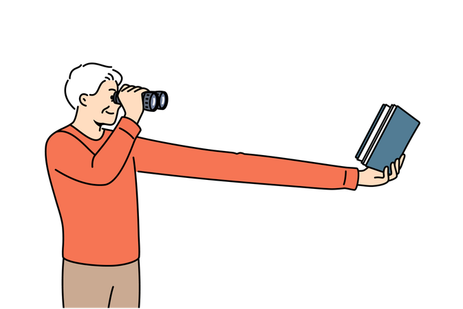 Myopic elderly man uses binoculars to read book and needs corrective surgery on eye pupils  Illustration