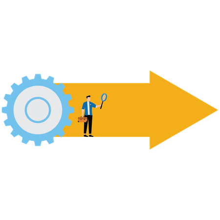 Myriad of arrows that go through gears to transform into single yellow arrow  Illustration