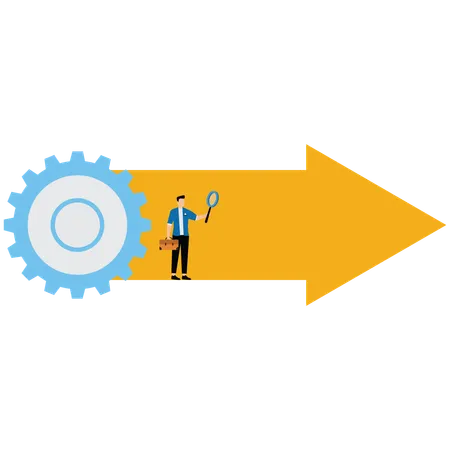 Myriad of arrows that go through gears to transform into single yellow arrow  Illustration