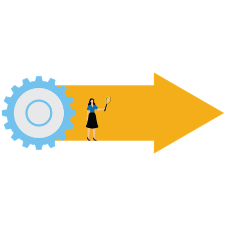 Myriad of arrows that go through gears to transform into single yellow arrow  Illustration