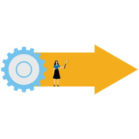 Myriad of arrows that go through gears to transform into single yellow arrow  Illustration