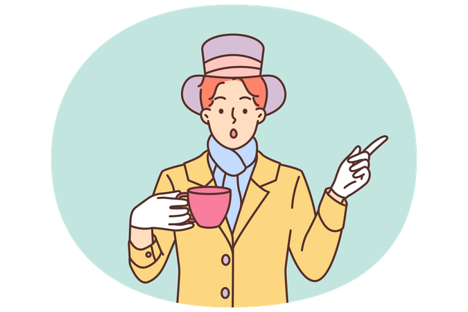 Mysteriöser Mann, verkleidet als Hutmacher aus der Geschichte Alice im Wunderland, trinkt Tee und zeigt mit dem Finger zur Seite  Illustration