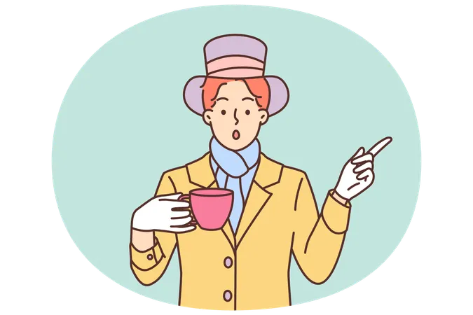Mysteriöser Mann, verkleidet als Hutmacher aus der Geschichte Alice im Wunderland, trinkt Tee und zeigt mit dem Finger zur Seite  Illustration