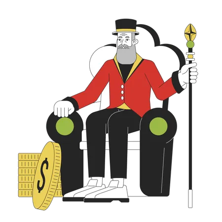 Mysterious Old Man Sitting On Throne Flat Line Color Vector Character Editable Outline Full Body Person With Staff And Golden Coins On White Simple Cartoon Spot Illustration For Web Graphic Design Illustration
