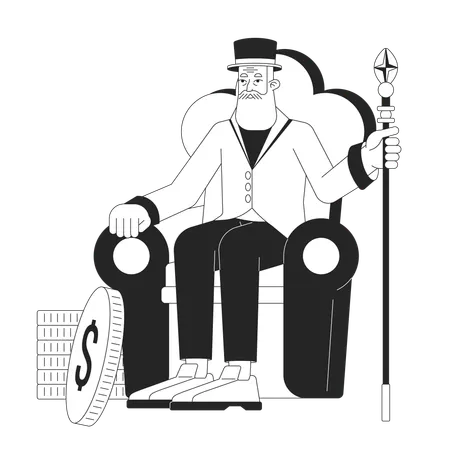 Old Man Sitting On Throne Flat Line Black White Vector Character Editable Outline Full Body Person With Staff Golden Coins Simple Cartoon Isolated Spot Illustration For Web Graphic Design Illustration