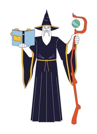 Mysterious Wizard Flat Line Color Vector Character Old Man Reading Book Wooden Wizard Staff Editable Outline Full Body Person On White Simple Cartoon Spot Illustration For Web Graphic Design Illustration