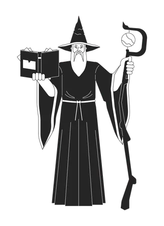 Mysterious Wizard Flat Line Black White Vector Character Old Man Reading Book Wooden Wizard Staff Editable Outline Full Body Person Simple Cartoon Isolated Spot Illustration For Web Graphic Design Illustration