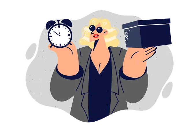 Mysterious Woman With Package And Alarm Clock Reminds You Of Importance Of Delivering Box On Time Blonde Girl In Sunglasses Holds Dark Container With Lid Delivering Package To Client Illustration