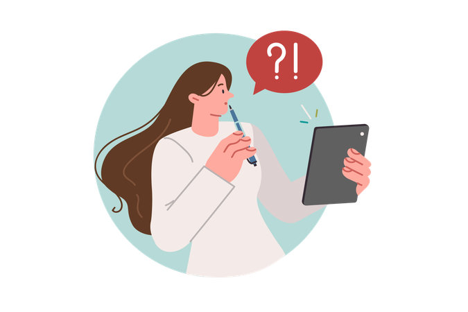 Nachdenkliche Frau mit Tablet-Computer macht Online-Test oder füllt Formular auf Universitäts-Website aus  Illustration