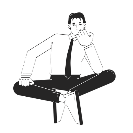 Nachdenklicher asiatischer Angestellter sitzt im Schneidersitz in Gedanken  Illustration