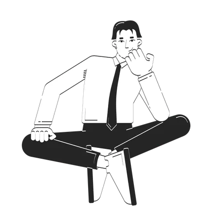 Nachdenklicher asiatischer Angestellter sitzt im Schneidersitz in Gedanken  Illustration