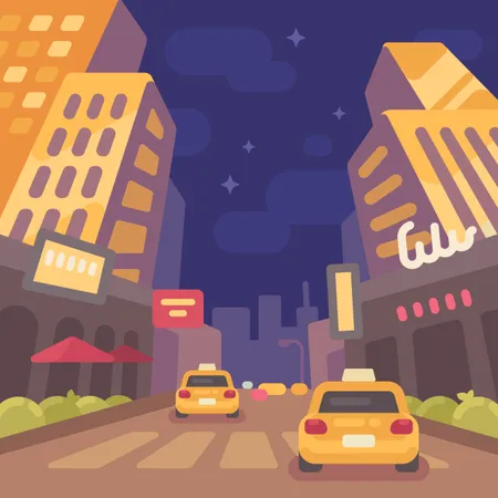 Nacht, moderne stadtstraße, mit, taxis, autos, niedrig, perspektivisch, ansicht  Illustration