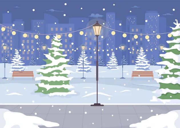 Nacht-Winterpark mit Straßenlaterne  Illustration