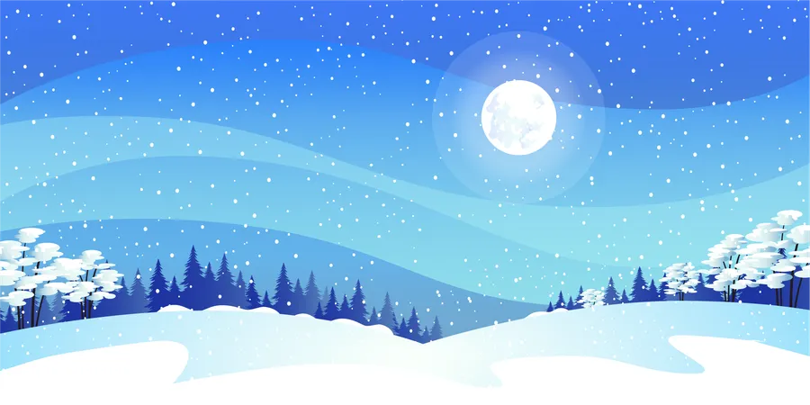 Nachtansicht des Kiefernwaldes entlang der schneebedeckten Hügel Winterlandschaft  Illustration