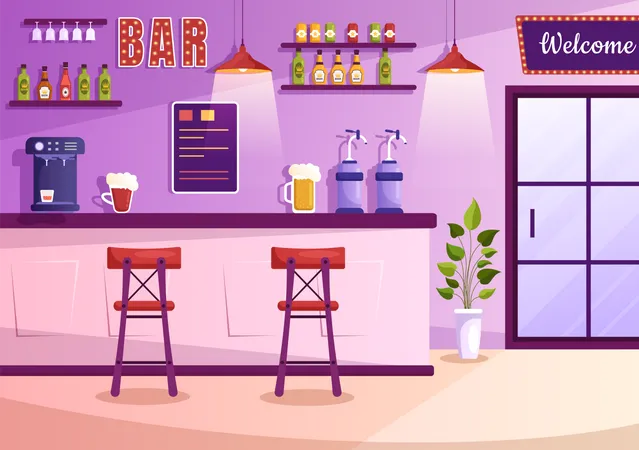Bar Oder Pub Am Abend Mit Alkoholflaschen Barkeeper Tisch Inneneinrichtung Und Stuhlen Im Innenraum In Flacher Cartoon Illustration Illustration
