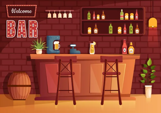 Bar Oder Pub Am Abend Mit Alkoholflaschen Barkeeper Tisch Inneneinrichtung Und Stuhlen Im Innenraum In Flacher Cartoon Illustration Illustration