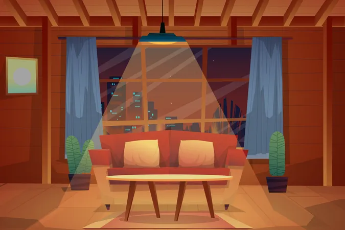 Nachtszene Mit Rotem Sofa Und Kissen Und Couchtisch Auf Teppich Im Wohnzimmer Beleuchtung Durch Deckenlampe Vektor Illustration