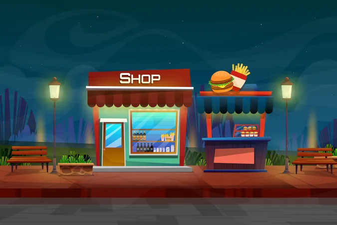Nachtszene eines Burgerladens  Illustration
