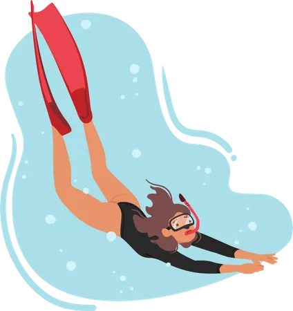 Personagem feminina nadadora mergulha na água  Ilustração